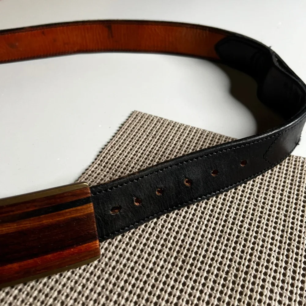 Kenneth Reid Albuquerque Black Leather Belt Exotic Wood Inlay Buckle Artisan